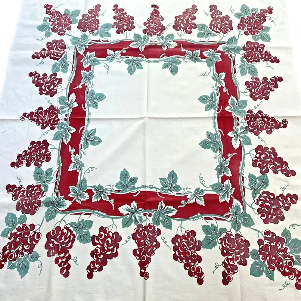Vintage Mid Century Printed Cotton Tablecloth Red & Mint Green Grapevine Border